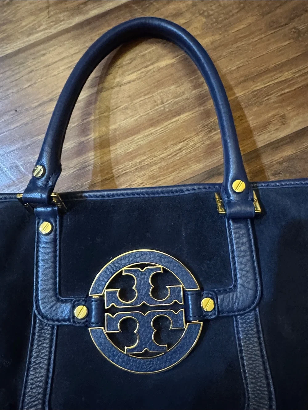 Tory Burch Navy Suede Shoulder Bag with Gold Logo